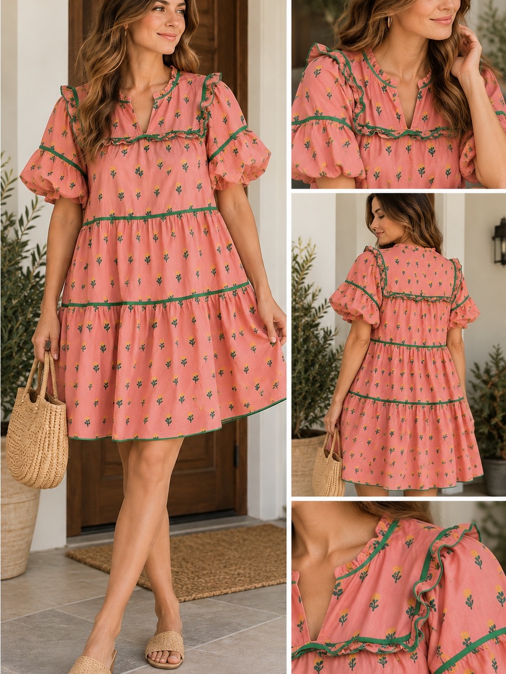 Umgee Coral Pink Floral Ruffle Tiered Mini Dress